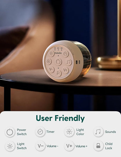 Babelio Pocket Glow White Noise Sound Machine - Upgraded 7 Color Night Lights, 20 Non-Looping Sounds, Timer & Memory Function, Portable for Adults & Babies, White