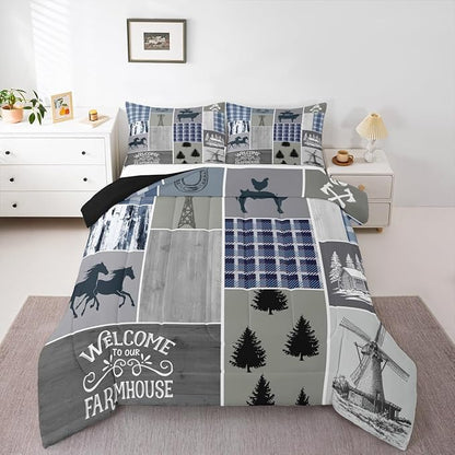 Erosebridal Western Cowboy Comforter Set King Size, Farmhouse Horse Bedding Set for Kids Boys Teens Adult Bedroom Decor, Rustic Cabin Lodge Windmill Quilt Rooster Pig Farm Animal Duvet Insert