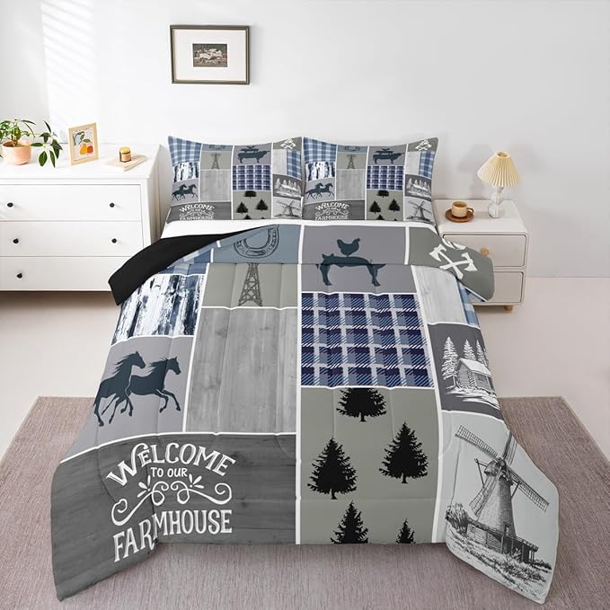 Erosebridal Western Cowboy Comforter Set Twin Size, Farmhouse Horse Bedding Set for Kids Boys Teens Adult Bedroom Decor, Rustic Cabin Lodge Windmill Quilt Rooster Pig Farm Animal Duvet Insert