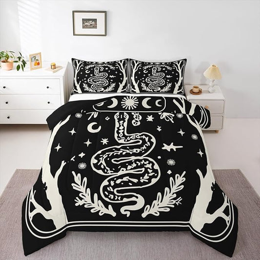 Erosebridal Halloween Gothic Toddler Bedding Set, Goth Snake Comforter Set for Kids Boys Girls Teens Women Men Retro Halloween Decor, Sun and Moon Black Comforter, Terror Theme Black Goth Quilt