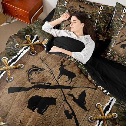 Camouflage Bed in a Bag Queen Comforter Set 7 Piece | Bass Fish Duck Bear Deer Fishing Bedding Sets Country Hunting Comforter and Sheet Set, Woodland Animals Farmhouse Bed Sets,Rustic Cabin Decor