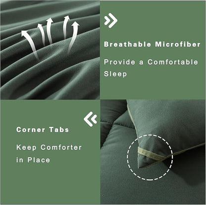 DOWNCOOL Queen Comforter Set -All Season Bedding Comforters Sets with 2 Pillow Cases-3 Pieces Bedding Sets Queen -Down Alternative Double Green Queen Size Comforter Sets(88"x92")