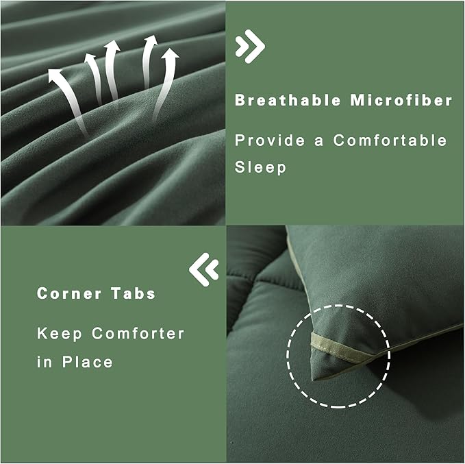 DOWNCOOL King Size Comforter Set -All Season Bedding Comforters Sets with 2 Pillow Cases -3 Pieces Bed Set Down Alternative King Bedding Set -Double Green King Comforter Set(102"x90")