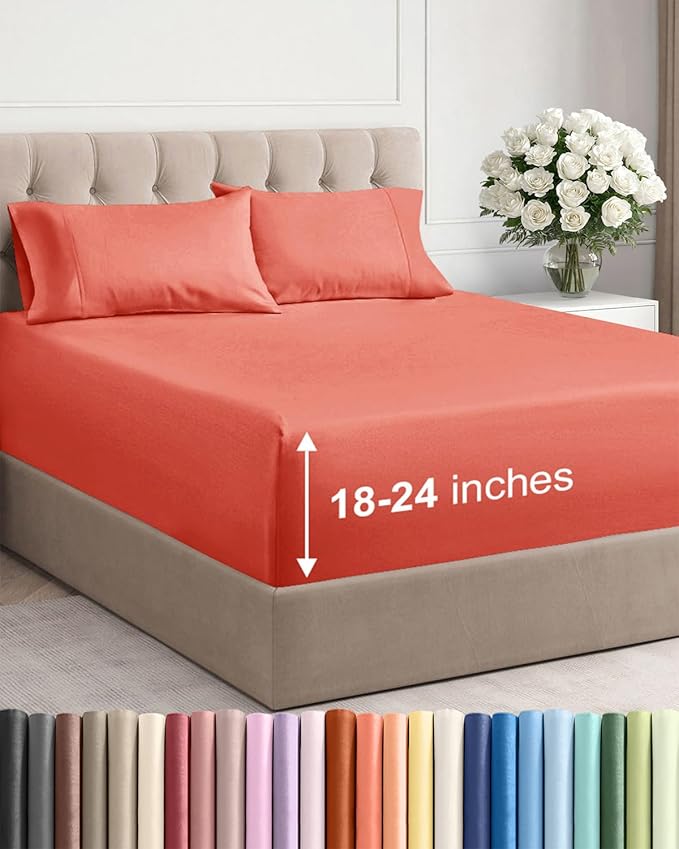Extra Deep Twin XL Sheet Set - 4 Piece Breathable and Cooling Sheets - Hotel Luxury Bedding for Women, Men, Kids & Teens - Easy & Secure Fit - Soft, Wrinkle Free and Comfy - Extra Deep Pockets - Coral