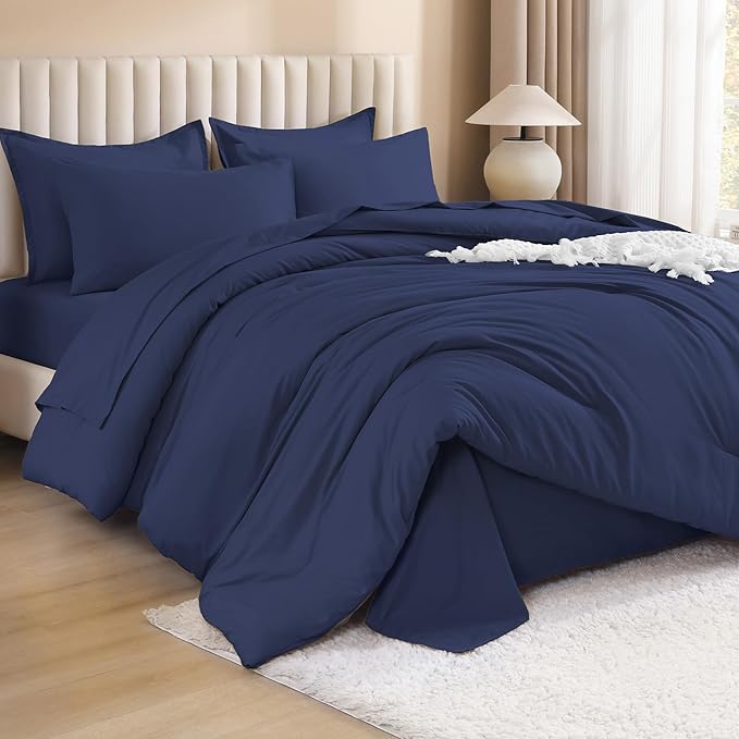 Litanika Full Size Comforter Sets Navy Blue - 7 Pieces Bed in a Bag Full Bedding Comforter Sets, Solid Lightweight Bed Set with Comforter, Sheets, Pillowcases & Shams