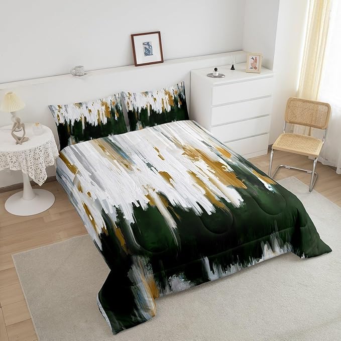 Erosebridal Green Emerald Bedding Set Queen Oil Painting Stripe Comforter Set, Brush Marks Contemporary Ombre Duvet Insert Watercolor Graffiti Down Comforter, Aesthetic Modern Bedding Comforter Sets