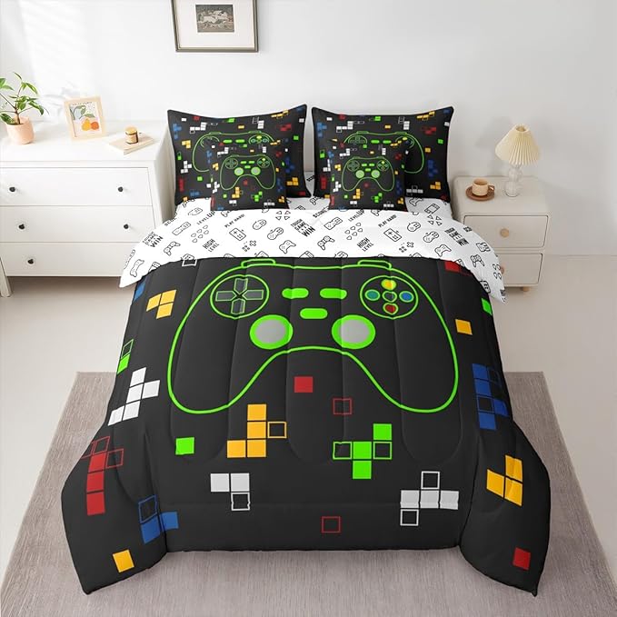Miner Video Games 7Pcs Comforter Set King Size,Gamer Gamepad Bedding Set,Kids Boys Girls Room Decor,Neon Green Pixelated Geometric Bed in a Bag Black White Reversible Flat Fitted Sheet,2 Pillowcases