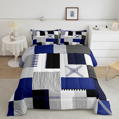 Erosebridal Navy Blue Grey Boys Comforter Set Toddler Black White Abstract Bedding Set for Kids Teen Men Geometric Square Quilt Grids Checkered Duvet Insert Modern Fashion Room Decor 2 Pcs