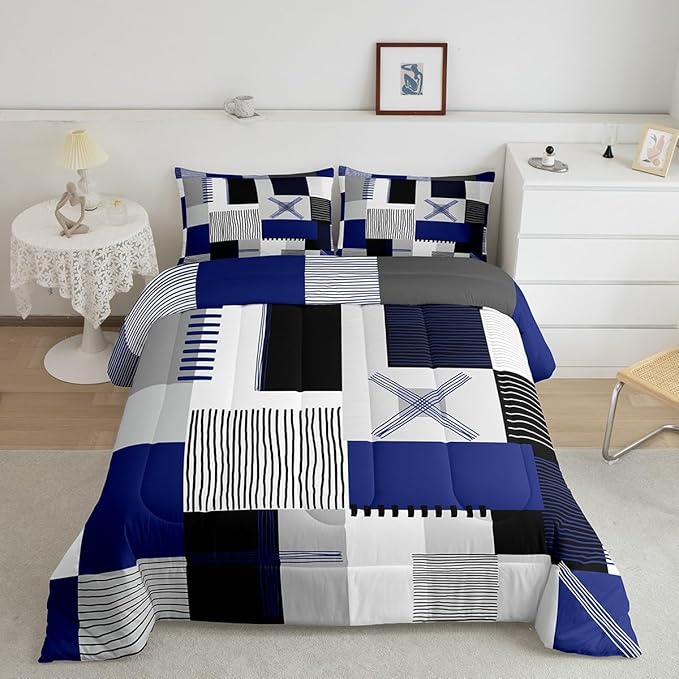 Erosebridal Navy Blue Grey Boys Comforter Set King Black White Abstract Bedding Set for Kids Teen Men Geometric Square Quilt Grids Checkered Duvet Insert Modern Fashion Room Decor 3 Pcs