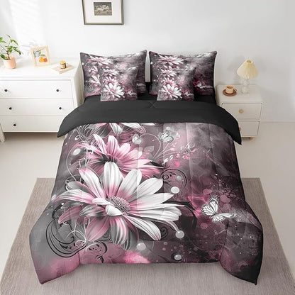 Feelyou Girls Vintage Flower Comforter Set with Sheets Twin Size 7 Pieces Kids Pink Daisy Florals Pattern Bedding Set for Boys Women Teens Butterfly Botanical Nature Garden Theme Bed in a Bag