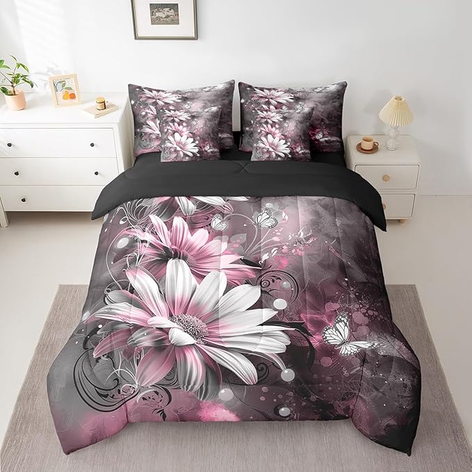 Feelyou Girls Vintage Flower Comforter Set with Sheets Queen Size 7 Pieces Kids Pink Daisy Florals Pattern Bedding Set for Boys Women Teens Butterfly Botanical Nature Garden Theme Bed in a Bag