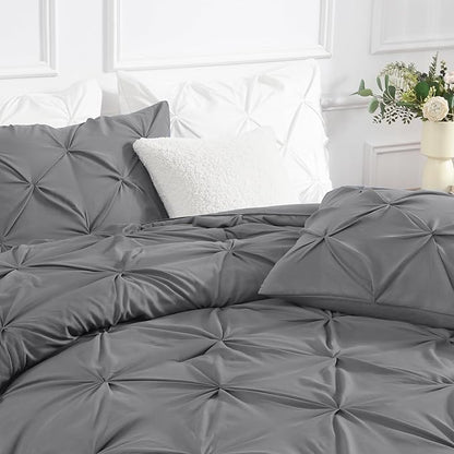 Andency Gray Pinch Pleat Comforter Twin(66x90Inch), 2 Pieces(1 Grey Pintuck Comforter and 1 Pillowcase) Microfiber Down Alternative Bedding Set