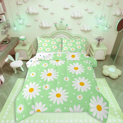 Erosebridal Girls Full Bedding Set Green Daisy Floral Comforter Set for Kids Teen Adults,Cute Cartoon Flower Comforter Rustic Floral Daisy Duvet Insert for Bedroom All Season