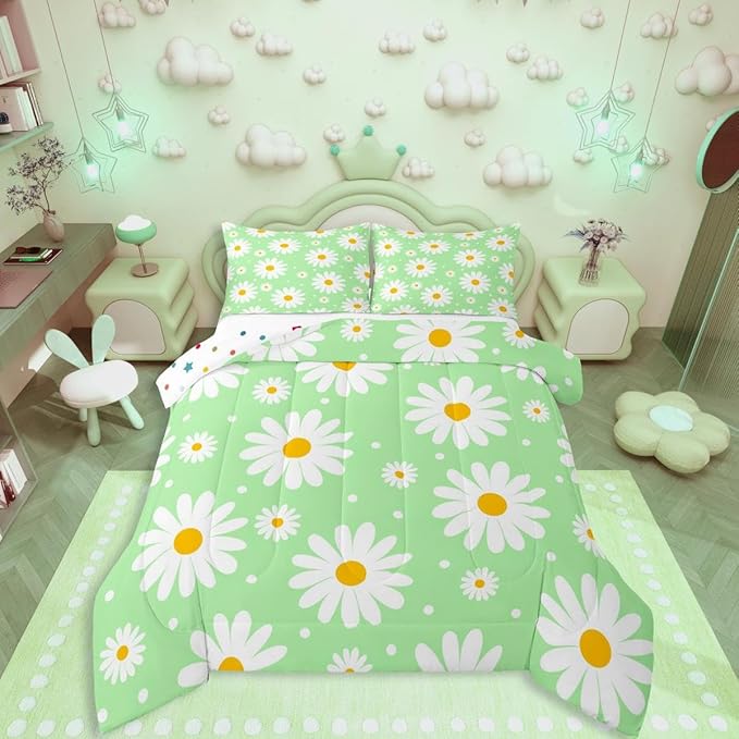 Erosebridal Girls Toddler Bedding Set Green Daisy Floral Comforter Set for Kids Teen Adults,Cute Cartoon Flower Comforter Rustic Floral Daisy Duvet Insert for Bedroom All Season