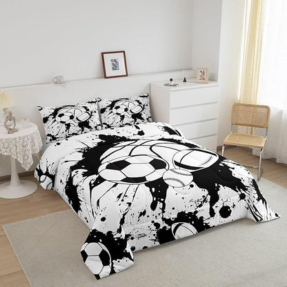 Feelyou Football Comforter Set Toddler Size Baseball Comforter for Boys Girls Teens Sports Game Bedding Set Rugby Sports Duvet Set Room Decor White Balck Mixed Ball Quilt Set