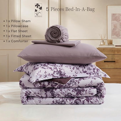 Twin XL Comforter Set -5 Pieces Floral Deep Purple Bedding Set for All Seasons, Bed in a Bag with Botanical Flowers Comforter, Sheets, Pillowcase & Sham