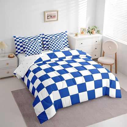 Feelyou Checkered Retro 7 Piece Bedding Set Teen Women Men Blue White Plaid Comforter Set with Sheets Full Size Kids Boys Geometric Vintage Bed in a Bag Modern Simple Groovy Aesthetic Room Decor
