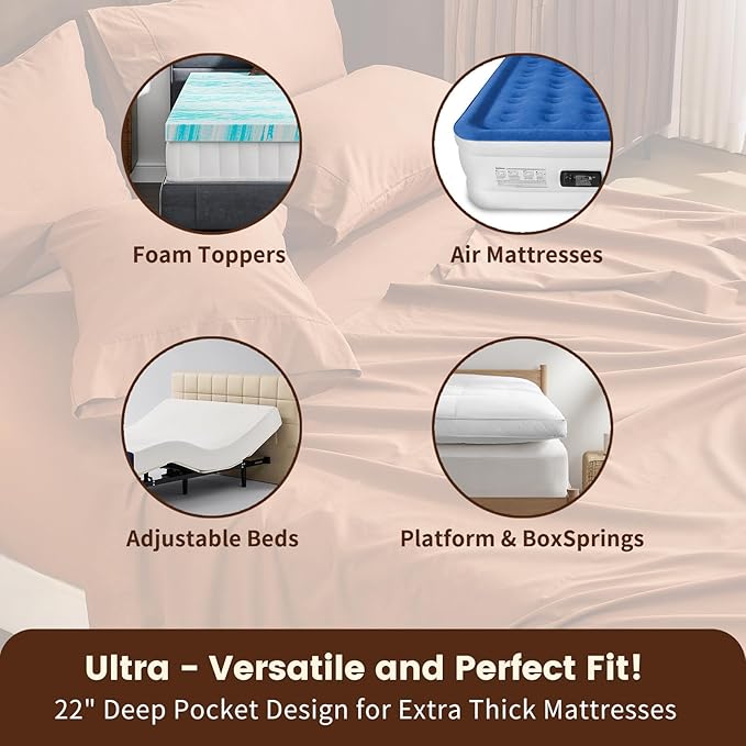 100% Linen Sheet Set King Size Extra Deep Pocket Fits 18-24 Inch Mattress, Breathable & Soft, Smooth 6-Piece Set for Thick Mattresses Hotel Luxury Bedding（King, Brown）