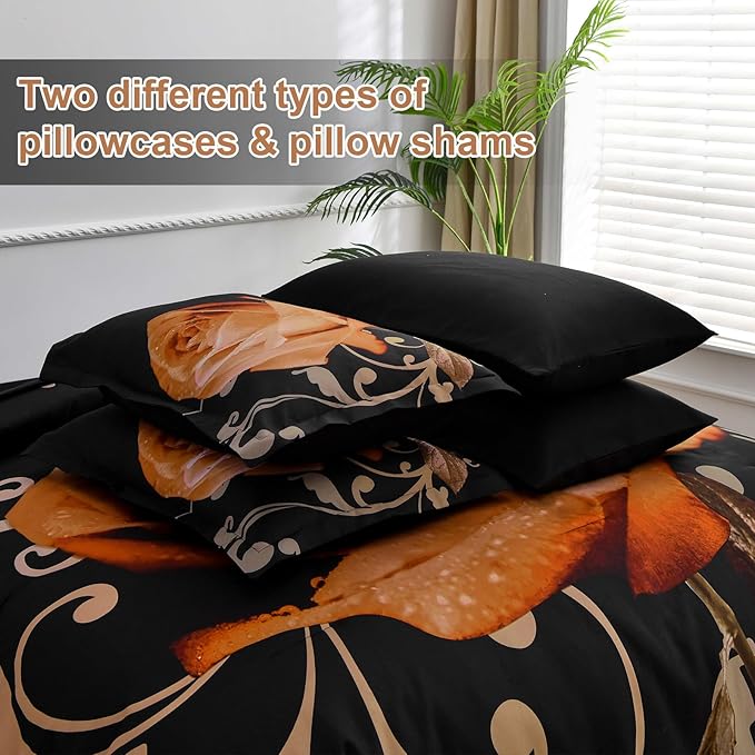 Xruibed Floral Comforter Set Queen 7 Piece Bed in a Bag Orange Rose Flower Comforter with Sheet Set Soft Micorfiber Bedding Set (1 Comforter,2 Pillow Shams,1 Flat Sheet,1 Fitted Sheet,2 Pillowcases)