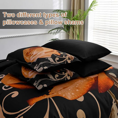 Xruibed Floral Comforter Set King 7 Piece Bed in a Bag Orange Rose Flower Comforter with Sheet Set Soft Micorfiber Bedding Set (1 Comforter,2 Pillow Shams,1 Flat Sheet,1 Fitted Sheet,2 Pillowcases)
