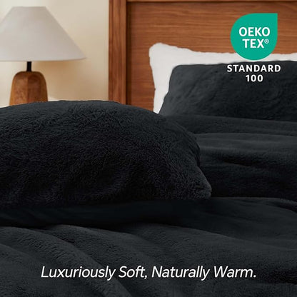 BEDELITE Faux Fur Fleece Queen Comforter Set - Fluffy & Warm Black Comforter Queen Size，Ultra Soft and Cozy Winter Bedding Set,Fuzzy Thick Bed Set,1 Comforter and 2 Pillowcases