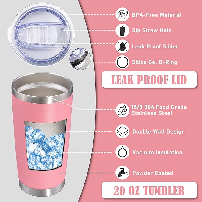 20 oz Tumbler Coffee Travel Tumblers Bulk with Lid Stainless Steel Double Wall Vacuum Insulated Mug Powder Coated Cups fit Car Cupholder for Hot and Cold - Pink, 12Pack