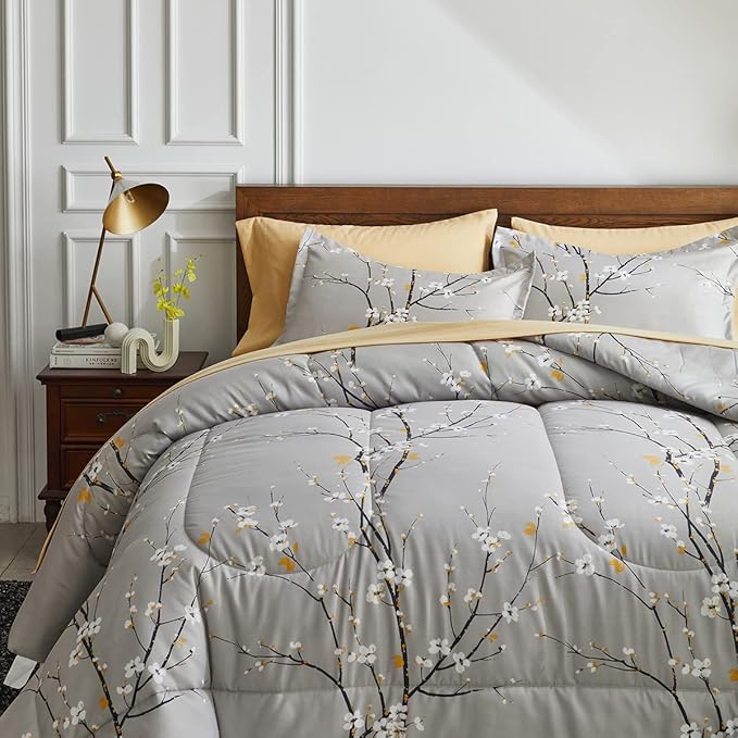 Gray Comforter Sheet Set Bed in a Bag 7 Pieces Cal King Size Tree Branch Bloom Flower Bedding Set (1 California King Comforter 2 Pillow Shams 1 Tan Flat Sheet 1 Fitted Sheet 2 Pillowcases)