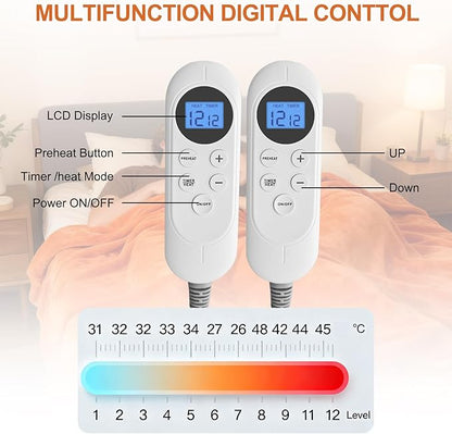 Heated Blanket Electric Blanket King 90"x100" Dual Control Flannel Heating Blanket with 12 Heat Levels 12H Timer Auto Shut-Off Overheat Protection Soft & Cozy Machine Washable