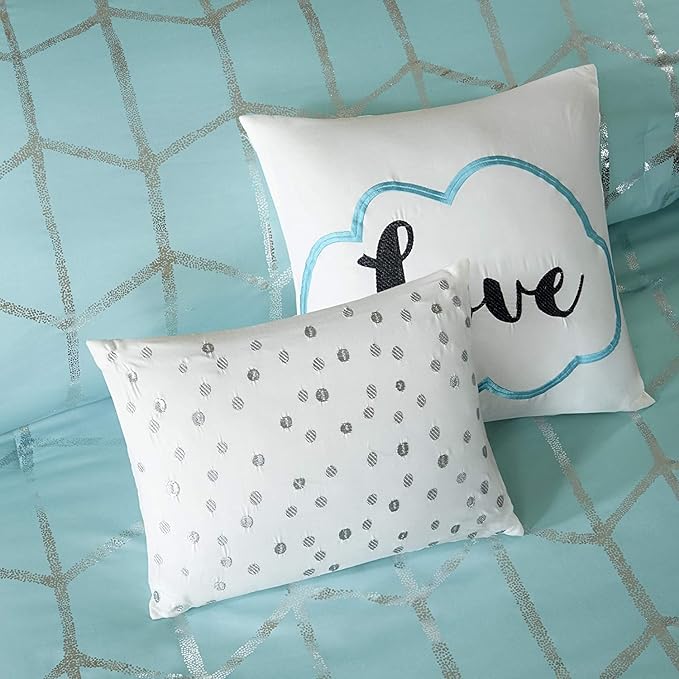 Intelligent Design Raina King / Cal King Comforter Set, Soft Microfiber Comforter Set King, Modern Geometric Metallic Bed Set, 5 Pieces College Bedding Comforter Set with 2 Shams, 2 Toss Pillows Aqua