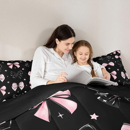 Erosebridal Black Pink Bow Bedding Set Cute Cartoon Bowknot Twin Comforter Set for Girls Coquette Butterfly Knot Bedding Comforter Sets for Kids Teen Adults,Princess Style Kawaii Bed Set