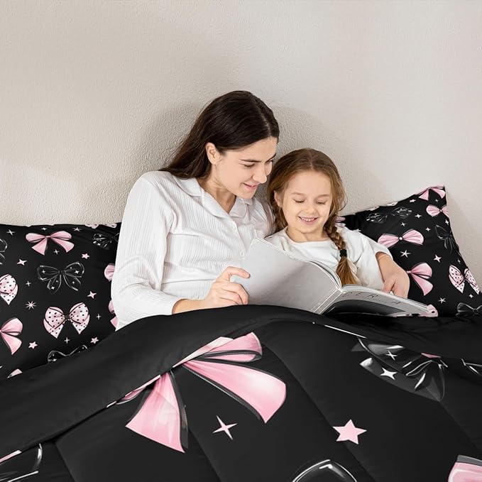 Erosebridal Black Pink Bow Bedding Set Cute Cartoon Bowknot Queen Comforter Set for Girls Coquette Butterfly Knot Bedding Comforter Sets for Kids Teen Adults,Princess Style Kawaii Bed Set