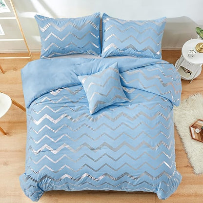 Menghomeus Blue/Silver Comforter Set Queen/Full Size Metallic Print Glitter Bed Comforter Cute Shinny Bedding for Teen Girls Kids Women, 4 Piece (2 Pillowcases, 1 Decorative Pillow Sham)