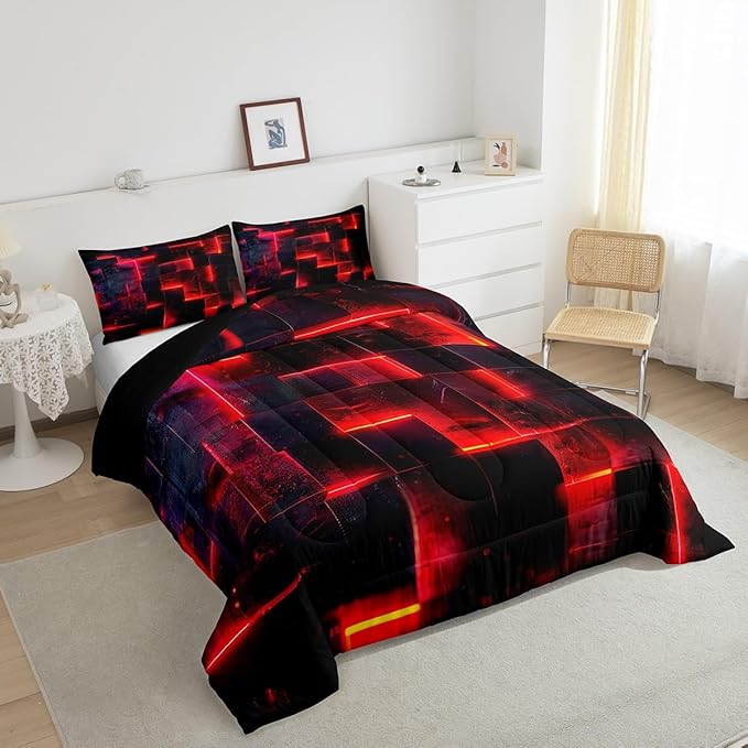Red and Black Bedding King 3D Glowing Buffalo King Comforter Set, Modern Abstract Art Bedding Comforter Sets Geometric Plaid Duvet Insert, Gradient Futuristic Cubes Down Comforter (Black Reversible)