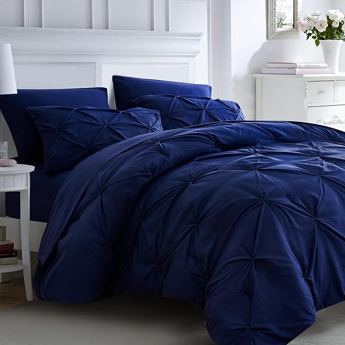 Ubauba 7pc Full Size Bed Comforter Set with Sheets, Dark Blue Pinch Pleating 7 Piece Bed in a Bag, Pintuck Royal Blue Bedding Sets for All Season (Navy,Full)