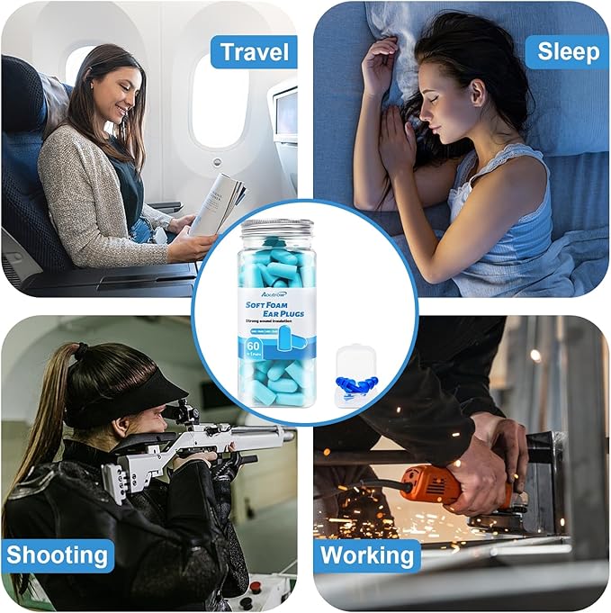 60 Pairs Soft Foam Ear Plugs, 38dB SNR Slow Rebound Ear Plugs for Sleeping Noise Cancelling, Noise Reduction, Work, Swimming, Shooting, Studying, Blue