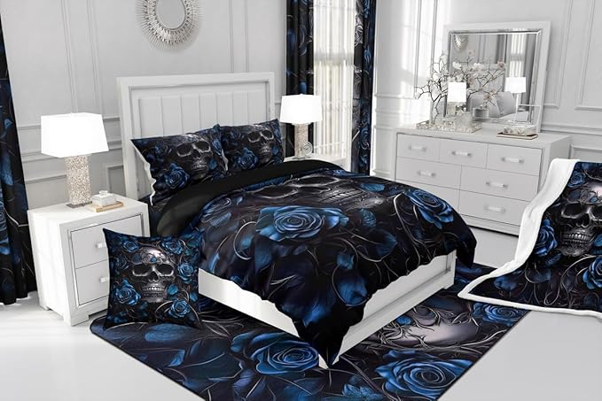 Erosebridal Adults Gothic Comforter Set Bohemian Boho Goth Bedding Full Size Vintage Horror Skull Bed Sets Blue Rose Baroque Victorian Romantic Rose Duvet Insert,Halloween Gothic Bedroom Decor