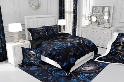 Erosebridal Adults Gothic Comforter Set Bohemian Boho Goth Bedding Full Size Vintage Horror Skull Bed Sets Blue Rose Baroque Victorian Romantic Rose Duvet Insert,Halloween Gothic Bedroom Decor