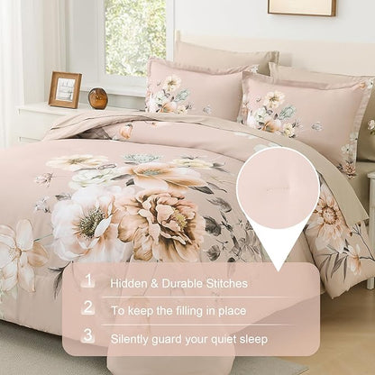 Floral King Size Comforter Set - 7 Piece Botanical Dusty Pink Flower Bed in a Bag Ulter Soft Microfiber Bedding Set, Lightweight Bed Comforter Set with Sheets for All Season (Dusty Pink, King)