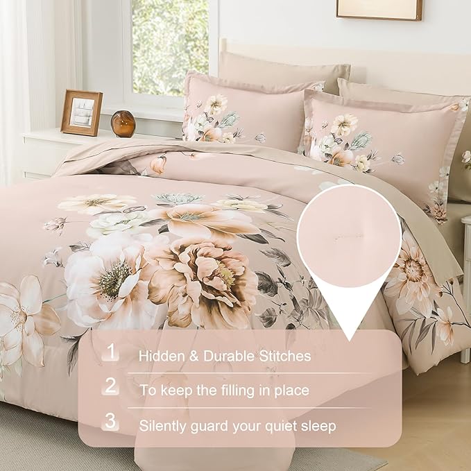 Floral Comforters Queen Size 7 Pieces Botanical Dusty Pink Flower Bed in a Bag Ulter Soft Microfiber Bedding Set, Lightweight Bed Comforter Set with Sheets for All Season (Dusty Pink, Queen)