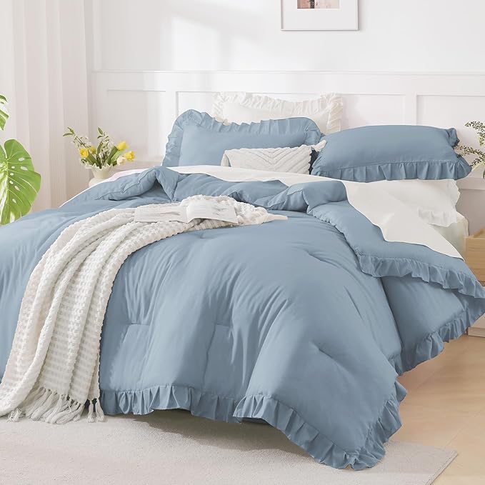 Andency Oversized King Comforter Set 128x120, 3 Pieces Grayish Blue Ruffle Shabby Chic Famhouse Bedding Set for Women, Lightweight Fluffy Super King Plus Bed Set for Girls