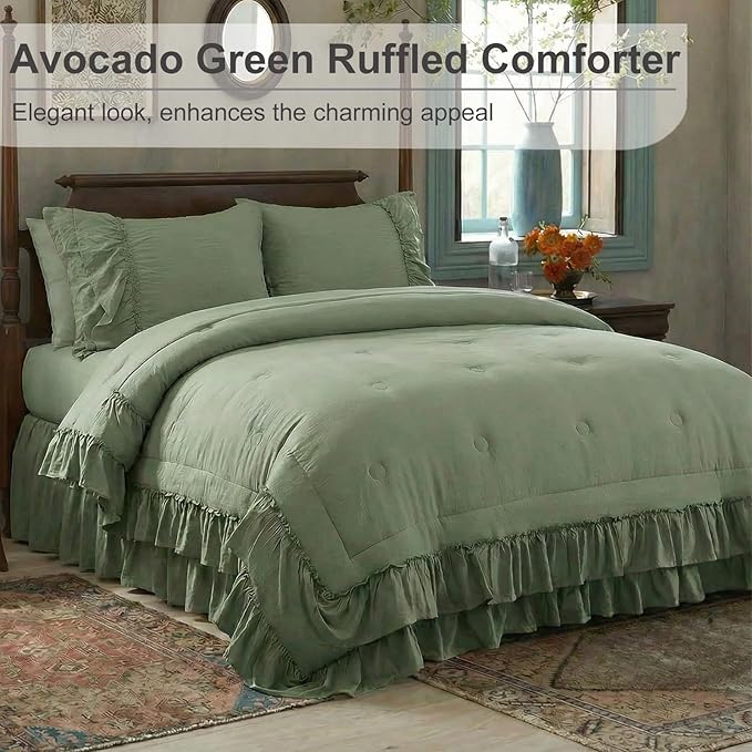 Bedding_Dreamer Sage Green Queen Size Comforter Set, 3-Piece Shabby Chic Ruffle Bedding, Soft Microfiber Boho Farmhouse Comforter for All Seasons