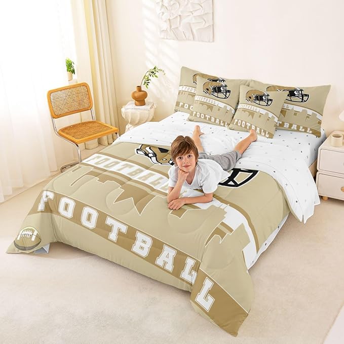 Erosebridal Football 7 Pcs Comforter Set Full Football Fans Bedding for Men Football City Sheet Set Bed in A Bag Yellow Rugby Competition Room Decor Sports Ball Game Quilt