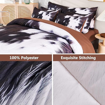 SUCSES 8Pcs Cow Fur Print Twin Comforter Set with Sheets, Cute Animal Cowhide Bedding Set for Kids Teens Boys Girls, Western Highland Farmhouse Style Bed in A Bag