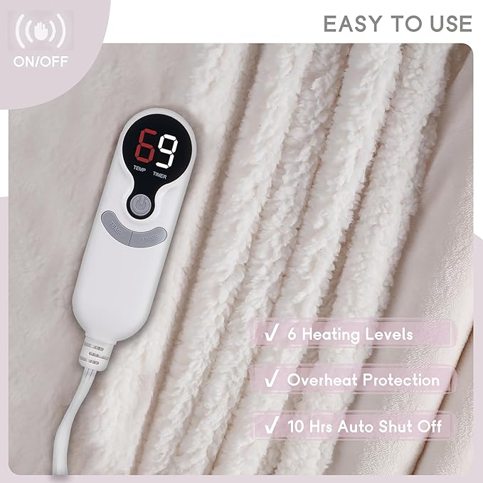 Heated Blanket Electric Blanket Full Size 72''x84'' with 9 Heating Levels, 1-10 Hour Auto Shut Off, Machine Washable, Flannel & Sherpa Soft Warming Blanket for Couch, Bed, Office - White