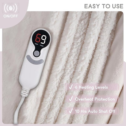 Heated Blanket Electric Blanket Full Size 72''x84'' with 9 Heating Levels, 1-10 Hour Auto Shut Off, Machine Washable, Flannel & Sherpa Soft Warming Blanket for Couch, Bed, Office - White