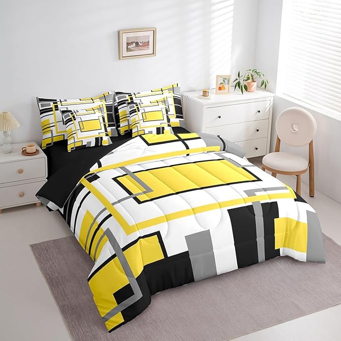 Erosebridal 7Pcs Yellow Black Modern Square Abstract Comforter Set King,Geometric Bed in A Bag for Women Men Adults,Boho Graffiti Stripes Striped Bedding with Bed Sheets,Mid Century Minimalist Quilt