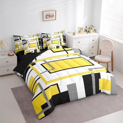 Erosebridal 7Pcs Yellow Black Modern Square Abstract Comforter Set Full,Geometric Bed in A Bag for Women Men Adults,Boho Graffiti Stripes Striped Bedding with Bed Sheets,Mid Century Minimalist Quilt