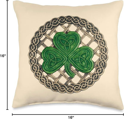 Green Shamrock, Celtic Knots With Beige Background Throw Pillow