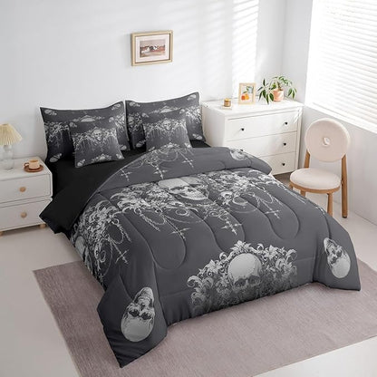 Erosebridal Gothic Bed in a Bag King Size Comforter Set 7 Pieces,Goth Sugar Skull Bedding Set,Grey Sliver Damask Bohemian Vintage Floral Comforter and Sheet Set,Exotic Antique Victorian Baroque Decor