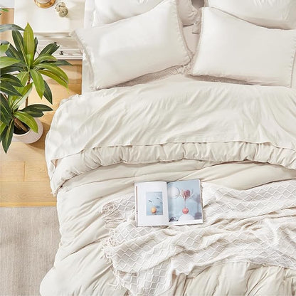 Andency Oversized King Comforter Set with Sheets 128x120 Beige - 7 Pieces Bed in a Bag Boho Soft Lightweight Bedding Sets, Tassel Bed Set with Comforter, Sheets, Pillowcases & Shams